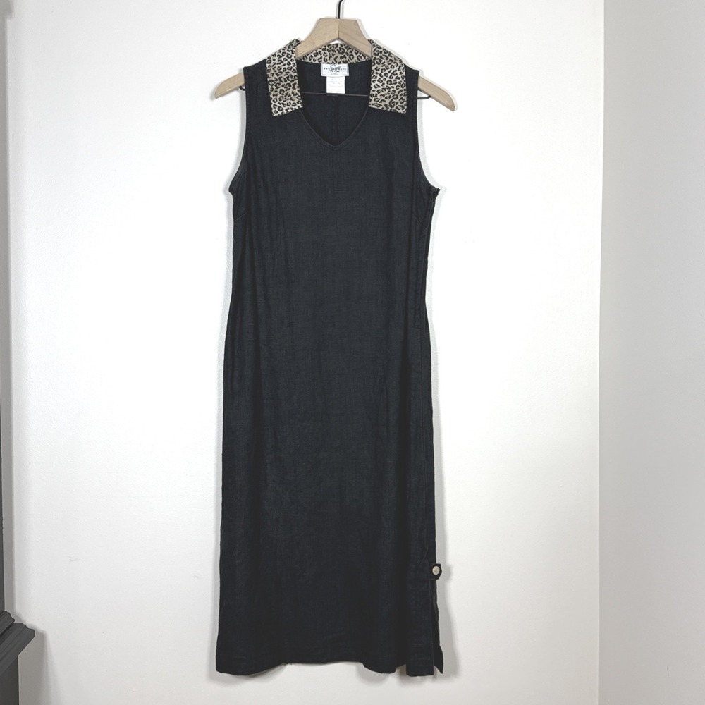 Vtg Studio Ease Petite Womens 100% Linen Midi Dress 10P Black Animal Print Chic